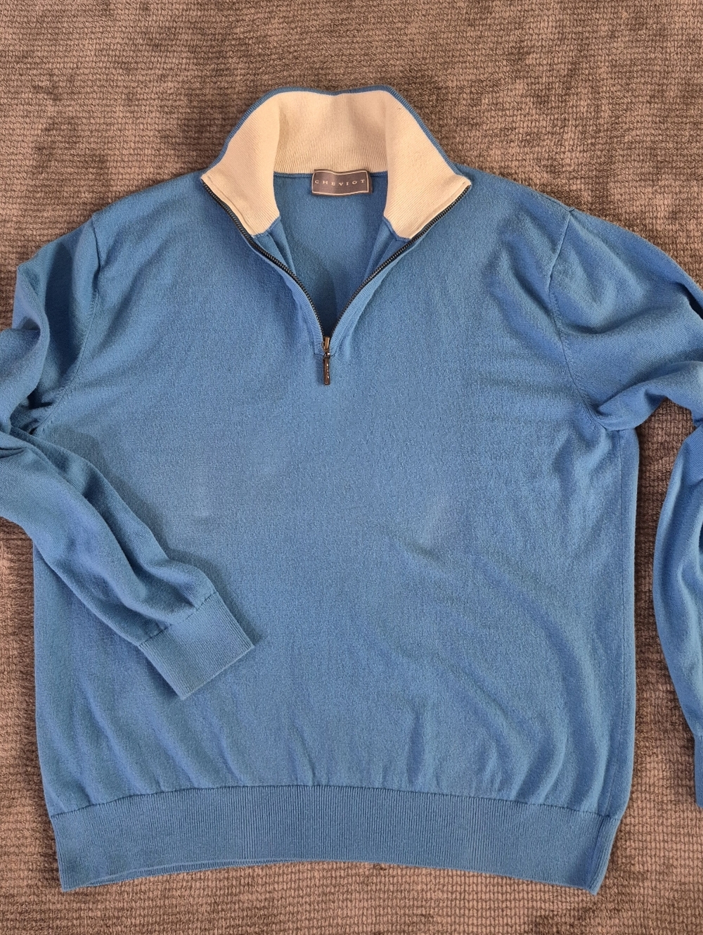 Cheviot Cotton Cashmere Quarter Zip Sweater Ocean Blue High Neck Large